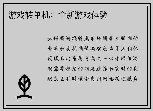 游戏转单机:全新游戏体验