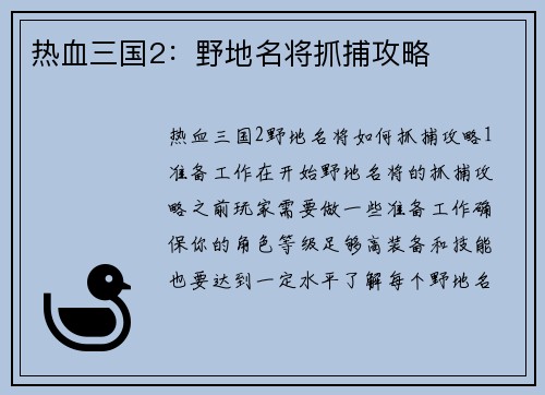 热血三国2:野地名将抓捕攻略